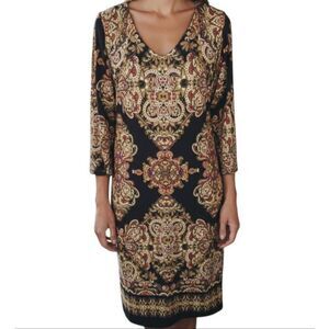 I.N.C INTERNATIONAL CONCEPTS BLACK, GOLD & BURGUNDY DRESS SZ.S EUC.